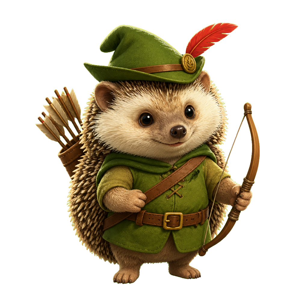 HOODSHRUB mascot in a Robin Hood hat, holding a tiny bow